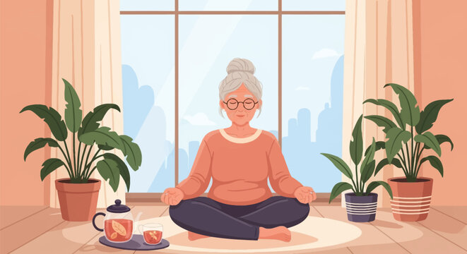 Flat vector illustration of an elderly woman with glasses meditating in a living room, featuring potted plants, a teapot, and a large window with a city skyline background.