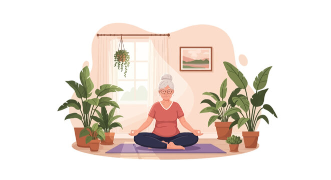 Senior woman with grey hair sitting in a cross-legged meditation pose on a purple yoga mat in a room filled with potted houseplants, wearing glasses and a red t-shirt.