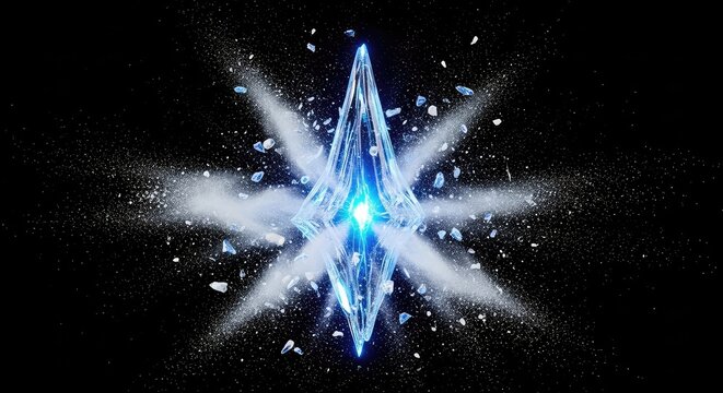 Sharp glowing blue ice shard exploding with fine white snow particles and frozen fragments isolated against a solid black background space, dynamic, nature, splintered