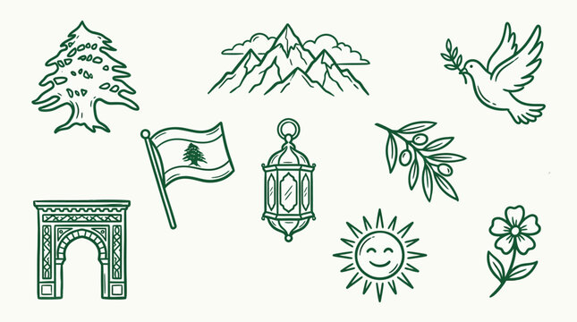 Collection of hand-drawn icons representing Lebanon, including cedar tree, mountains, flag, arch, dove, olive branch, lantern, sun, and flower.