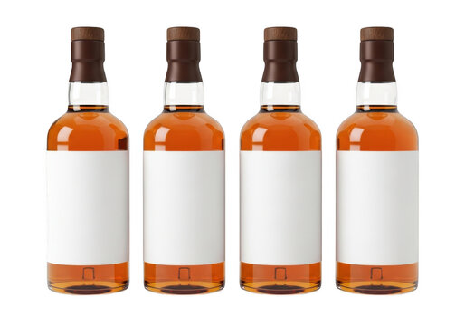 Four empty wine bottles lined up on a shelf isolated on transparent background