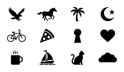 Obraz premium Vector Icon Set: Eagle, Horse, Palm Tree, Crescent Moon, Bicycle, Pizza, Keyhole, Heart, Coffee Cup, Sailboat, Cat, Cloud - Graphic Resources Collection
