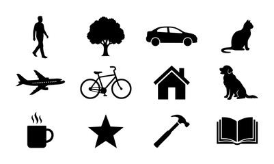 Fototapeta premium Vector Icon Set: Silhouette Collection of Everyday Objects, People, Animals, and Transportation for Web and Print Design