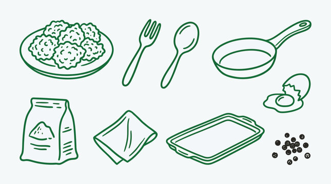 Collection of hand-drawn illustrations representing ingredients and tools for cooking, including meatballs, flour, egg, and utensils.