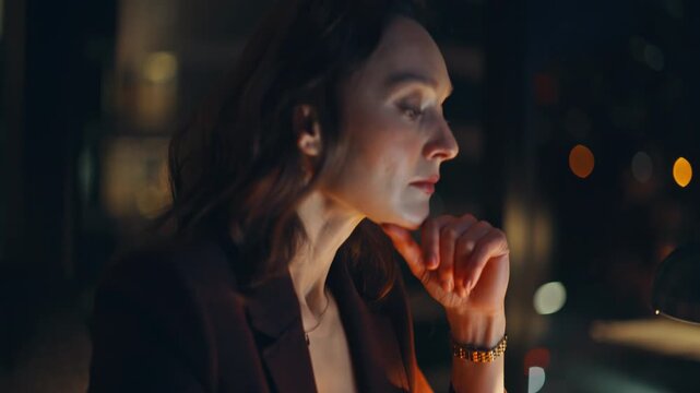 Businesswoman hands typing keyboard laptop browsing email night office closeup
