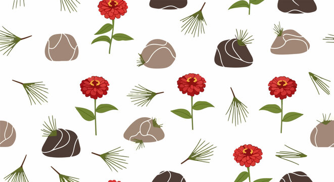 Colorful flowers and pine branches with stones pattern.