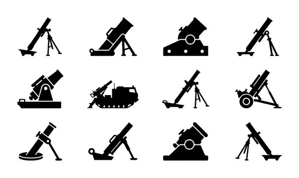 Mortar Weapon Icons Set, Military Artillery Vector Graphics, Combat Equipment Collection, Warfare Technology Symbols