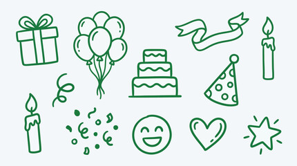 Fototapeta premium Collection of hand-drawn birthday party elements including a cake, balloons, gifts, and candles.