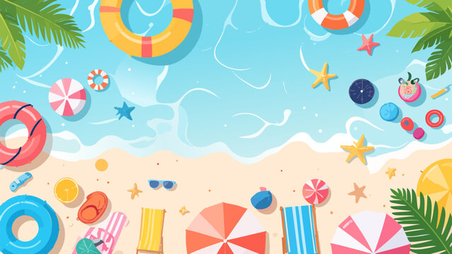 夏の海辺とカラフルなビーチグッズ_1920x1080px