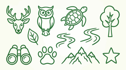 Fototapeta premium Collection of nature and wildlife icons in a simple green outline style, perfect for environmental themes.