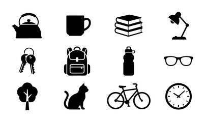 Fototapeta premium Everyday Objects Icon Set: Kettle, Mug, Books, Lamp, Keys, Backpack, Water Bottle, Glasses, Tree, Cat, Bicycle, Clock, Vector Graphics for Lifestyle and Daily Life