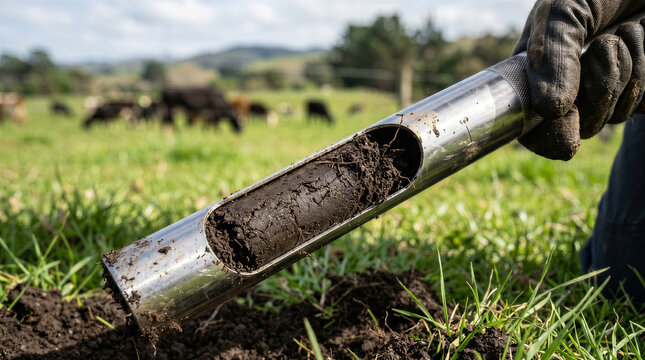 Soil sampling in a pasture with a metal probe, showing a core sample of dark, nutrientrich earth held by a gloved hand in a field