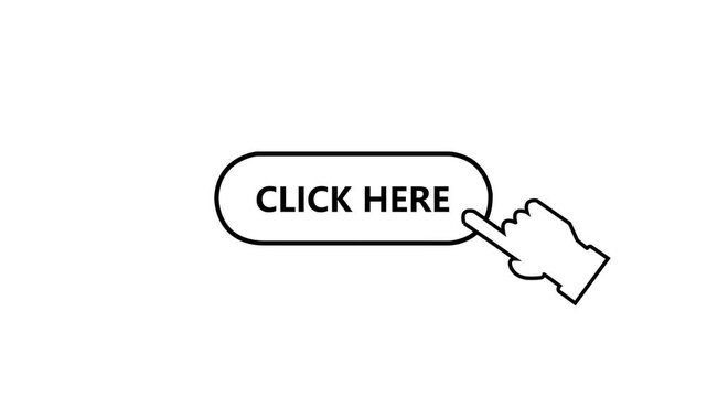 Animated click here button with interactive hand cursor pointer clicking for website user interface digital marketing conversion, call to action and online shopping ui ux interaction