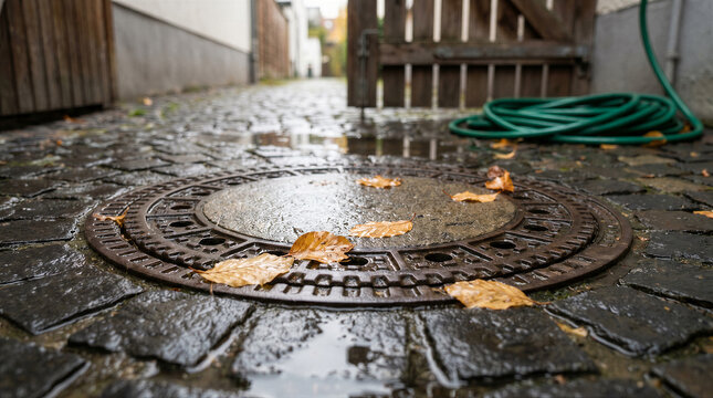 A closeup of a rustic metal manhole cover set into a wet cobblestone street with scattered autumn leaves after rain