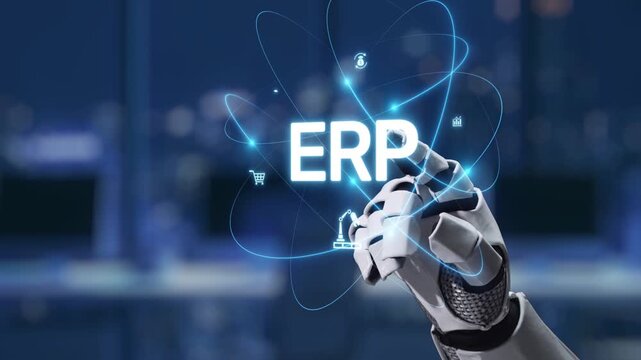 A robotic hand interacts with an advanced ERP technology graphic, symbolizing innovation and efficiency in modern business environments with a vibrant city skyline. Synapse