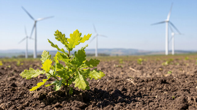 Young oak tree sapling growing in a field with wind turbines in the background, symbolizing sustainable development and green energy