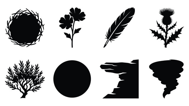 Nature Silhouette Clipart Vector Set with Flowers, Feather, Tree, Tornado, and Thistle