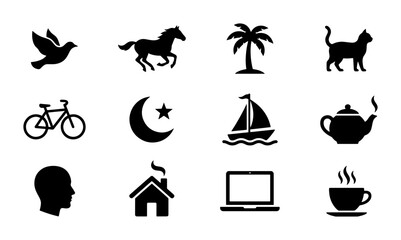 Obraz premium Set of 12 Black Silhouette Icons: Bird, Horse, Palm Tree, Cat, Bicycle, Crescent Moon, Sailboat, Teapot, Head, House, Laptop, Coffee Cup. Simple Vector Graphics for Design.