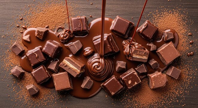 Texturas variadas de chocolate derretido, trozos s&oacute;lidos y cacao en polvo esparcidos sobre una superficie r&uacute;stica de madera oscura natural, chocolate, chunks, powder