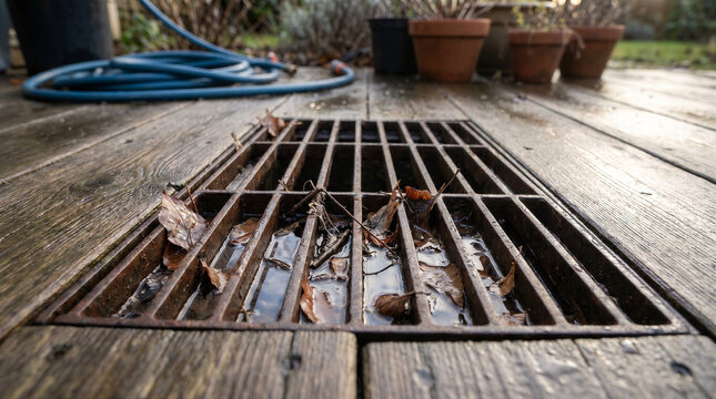 Closeup of a metal drainage grate embedded in a wooden deck, partially filled with water and fallen autumn leaves outdoors