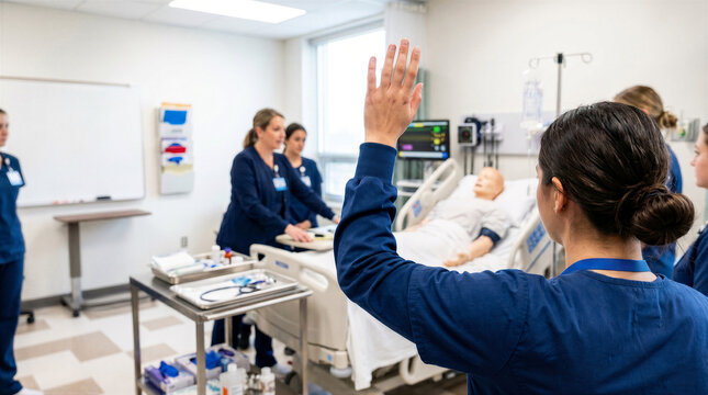 Nursing students in a clinical simulation lab practicing patient care and raising hands to ask questions during a training session