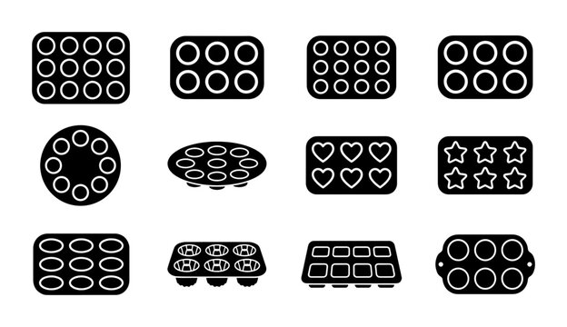 Baking Pan Icons Set, Muffin Tin Collection, Cupcake Mold Vector Graphics, Cookie Sheet Shapes, Kitchenware Silhouettes for Culinary Design