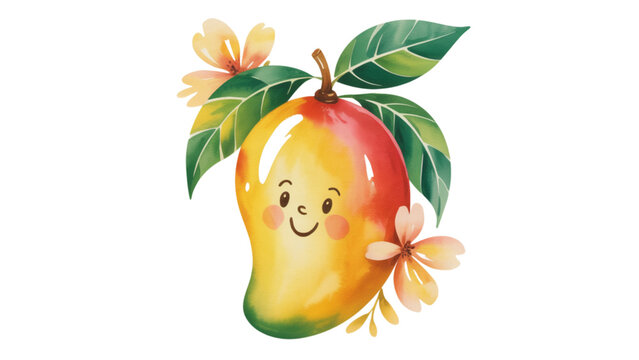 Smiling cartoon mango fruit character with leaves and flowers