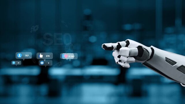 A robotic arm interacts with social media icons displaying likes and data metrics, showcasing the integration of technology and communication in a modern workspace. Synapse