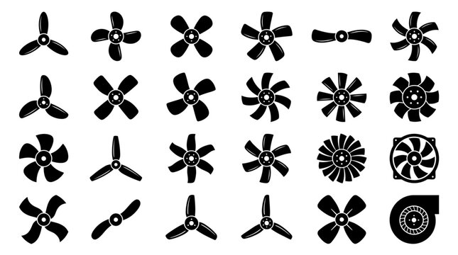 A diverse collection of black silhouette fan blades and impellers, showcasing various designs and shapes.