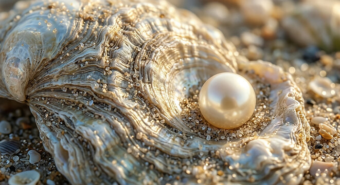Lustrous white pearl resting inside an oyster shell on the sandy beach.