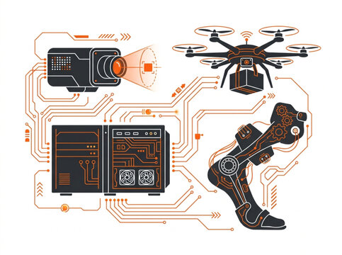 Edge AI computing and autonomous robotics vector illustration with circuit motherboard paths