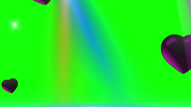 Floating purple 3D hearts with rainbow light leaks on green screen background