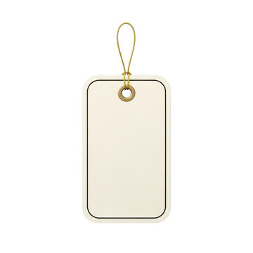 Minimalist beige tag with gold string detail for packaging isolated on transparent background