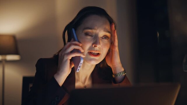 Nervous brunette talking smartphone call sitting dark remote workplace closeup