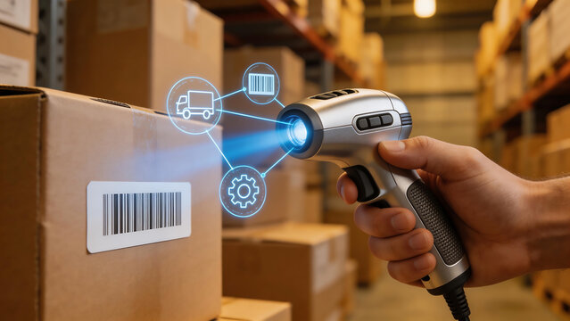 Hand holding barcode scanner in warehouse
