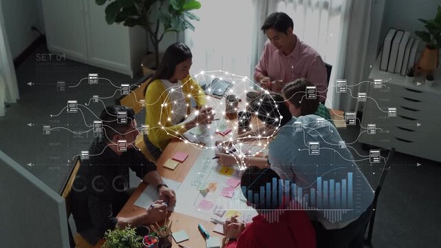 A diverse team engaged in a strategic business meeting, surrounded by modern office elements and enhanced by digital data visualizations depicting collaboration and innovation. Raster