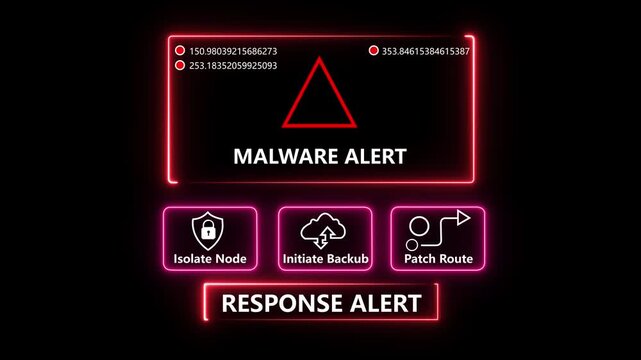 Cybersecurity malware alert interface with glowing red warning signs, digital data streams, and emergency system response options for network protection, threat detection, and secure data backup