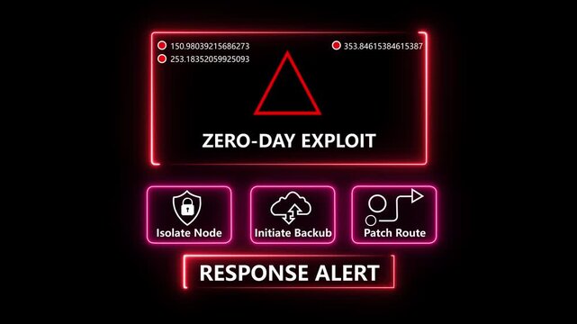 Cybersecurity zero-day exploit warning interface with critical system response alert options featuring isolate node, initiate backup, and patch route commands for advanced network security monitoring