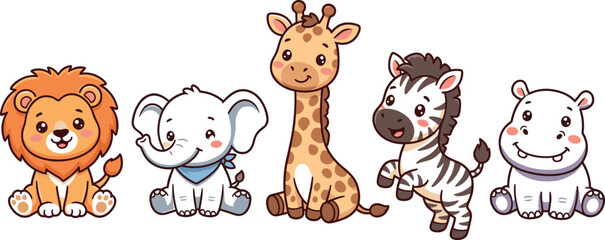 Cute cartoon safari baby animals vector illustration set featuring lion elephant giraffe zebra and hippo for nursery wall art design © Protima