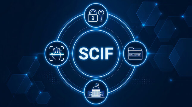 SCIF acronym. A secure area where sensitive information can be discussed or processed, ensuring confidentiality.