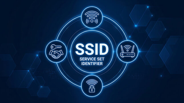 SSID acronym. Service set identifier (SSID) is a sequence of characters that names a Wi-Fi network