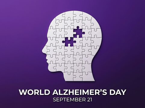 Creative world alzheimers day awareness illustration with puzzle head and missing piece concept