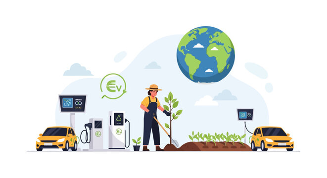 Farmer planting tree near electric car charging station with Earth globe.