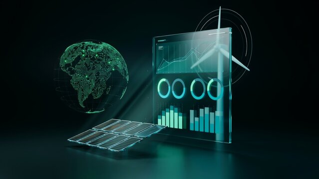 Digital holographic visualization of renewable energy systems with wind turbine and solar panel data analytics renewable hologram sustainability analytics technology environment innovation
