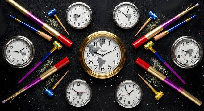 Multiple clocks with festive party decorations