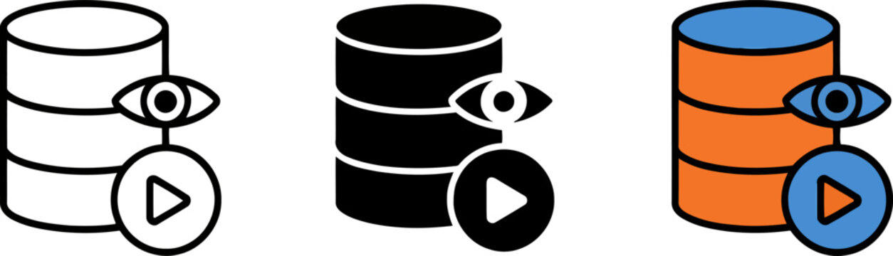 Colorful database server icons with eye and play button  data storage