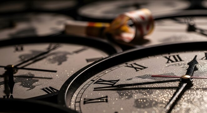 Multiple clocks with festive party decorations
