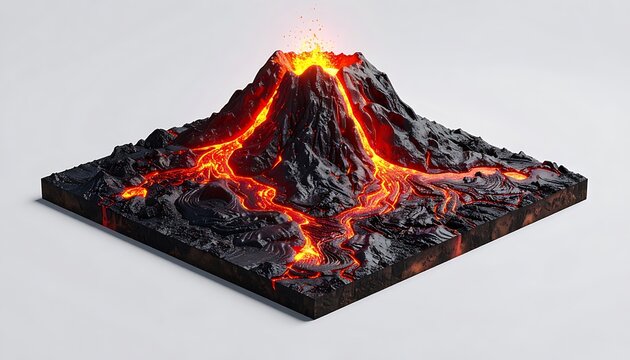 A 3D model of a volcano with lava flows on a square base