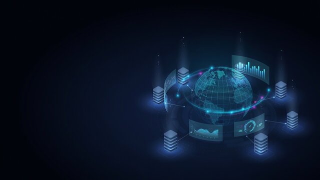 Digital neural network cluster concept with holographic data analytics and server hub hologram analytics technology visualization futuristic intelligence computer software information