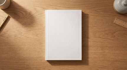 Fototapeta premium Minimalist Blank White Hardcover Book Mockup Top View Wooden Desk Workspace Office Supplies Aesthetic Back School Concept Stationery Education Planning Professional Study Design Project Business Clean